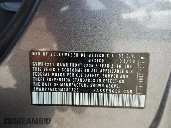 2013 Volkswagen Jetta SE with VIN 3VWDP7AJXDM281723, listed as a Copart auction lot 57235725 with 128,157 mi miles and Salvage title. Bid and sale history available at DreamBid. Image 12.