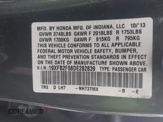 2013 Honda Civic LX with VIN 19XFB2F58DE282839, listed as a IAAI auction lot 41697629 with 123,766 mi miles and . Bid and sale history available at DreamBid. Image 9.