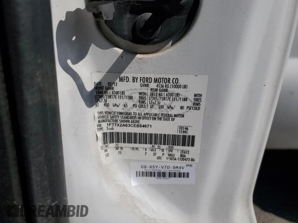 2012 Ford Super Duty F-250 SRW XL with VIN 1FT7X2A63CEB54671, listed as a Copart auction lot 47761815 with 0 mi miles and Salvage Title. Bid and sale history available at carsss.com. Image 13.