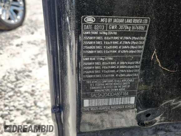 2013 Land Rover Range Rover Sport HSE Lux with VIN SALSK2D43DA807164, listed as a Copart auction lot 63800655 with Not provided miles and Clean title. Bid and sale history available at DreamBid. Image 13.