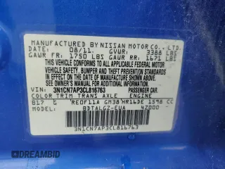 2012 Nissan Versa SV with VIN 3N1CN7AP3CL816763, listed as a Copart auction lot 60340505 with Not provided miles and Salvage title. Bid and sale history available at DreamBid. Image 13.