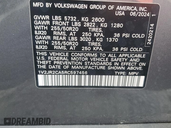 2024 Volkswagen Atlas SE z VIN 1V2JR2CA5RC597456, wystawiony jako Copart lot #57634905 z przebiegiem 8 994 mil mil oraz Szkoda całkowita • Salvage title. Historia ofert i sprzedaży dostępna na DreamBid. Obrazek 15.