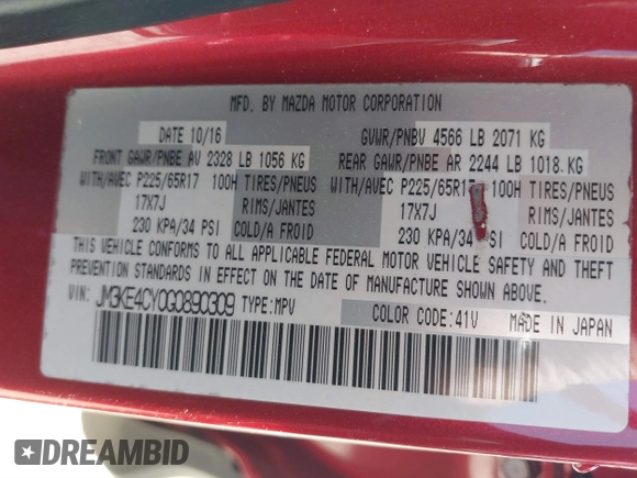 2016 Mazda CX-5 Touring with VIN JM3KE4CY0G0890309, listed as a IAAI auction lot 41890840 with 89,023 mi miles and . Bid and sale history available at carsss.com. Image 9.