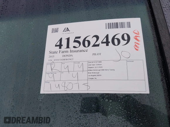 2015 Honda Pilot LX with VIN 5FNYF3H28FB029622, listed as a IAAI auction lot 41562469 with 145,075 mi miles and . Bid and sale history available at carsss.com. Image 18.
