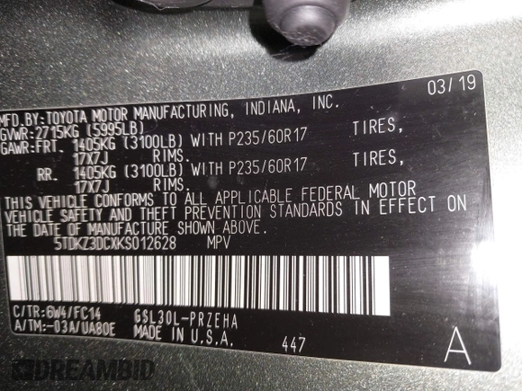 2019 Toyota Sienna LE Auto Access Seat with VIN 5TDKZ3DCXKS012628, listed as a IAAI auction lot 41666314 with 72,428 mi miles and . Bid and sale history available at DreamBid. Image 9.