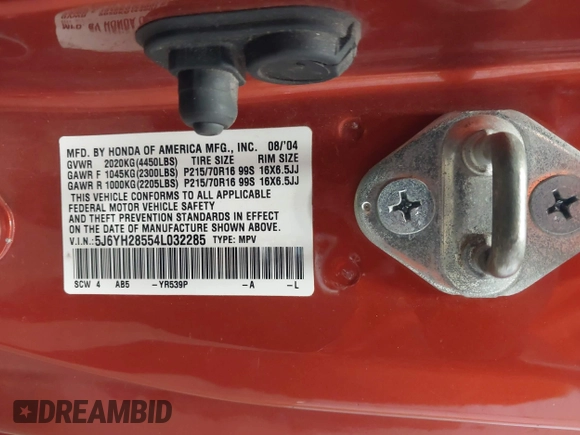 2004 Honda Element EX with VIN 5J6YH28554L032285, listed as a IAAI auction lot 42563437 with 165,036 mi miles and . Bid and sale history available at DreamBid. Image 9.