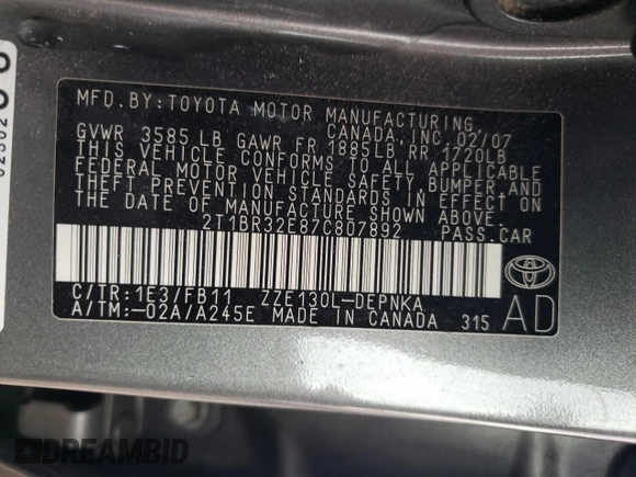 2007 Toyota Corolla CE with VIN 2T1BR32E87C807892, listed as a Copart auction lot 63601225 with 178,561 mi miles and Salvage title. Bid and sale history available at DreamBid. Image 12.