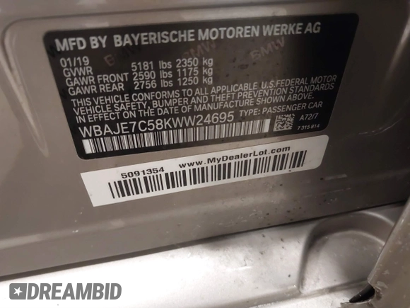 2019 BMW 5 Series 540i xDrive with VIN WBAJE7C58KWW24695, listed as a IAAI auction lot 41346095 with 65,374 mi miles and . Bid and sale history available at carsss.com. Image 9.