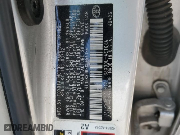 2012 Toyota Avalon with VIN 4T1BK3DB3CU454154, listed as a Copart auction lot 62866425 with 119,068 mi miles and Salvage title. Bid and sale history available at DreamBid. Image 13.