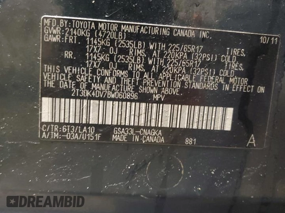 2011 Toyota RAV4 Ltd with VIN 2T3DK4DV7BW060896, listed as a Copart auction lot 49311195 with 232,477 mi miles and Salvage Title. Bid and sale history available at carsss.com. Image 14.