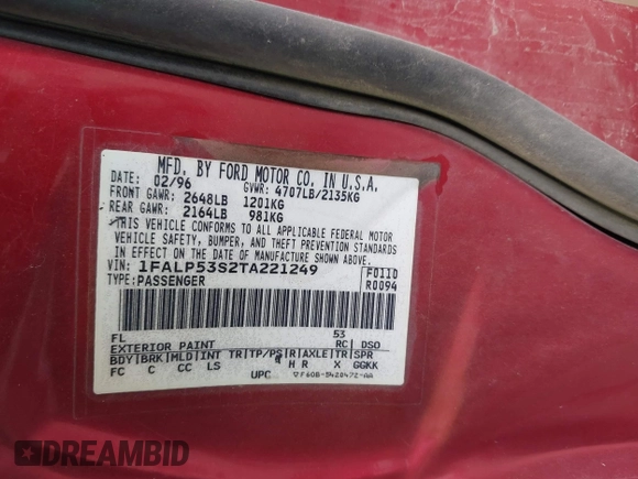 1996 Ford Taurus LX with VIN 1FALP53S2TA221249, listed as a IAAI auction lot 42506786 with 198,272 mi miles and . Bid and sale history available at DreamBid. Image 9.