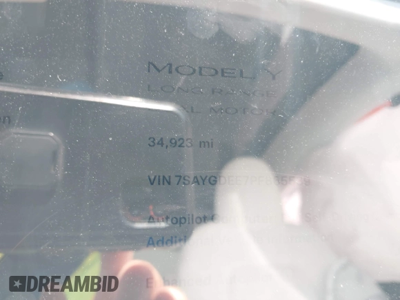 2023 Tesla Model Y Long Range with VIN 7SAYGDEE7PF865539, listed as a IAAI auction lot 42109673 with 34,923 mi miles and . Bid and sale history available at DreamBid. Image 7.