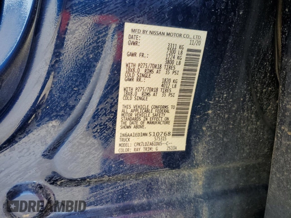 2021 Nissan Titan Pro-4X с VIN 1N6AA1ED1MN510768, выставлен на аукционе Copart как лот 77556484 с пробегом 57 540 миль миль и Списание • Salvage title. История ставок и продаж доступна на DreamBid. Изображение 14.