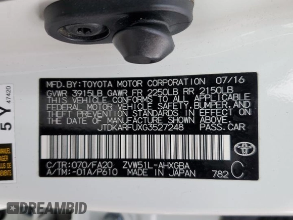 2016 Toyota Prius Four with VIN JTDKARFUXG3527248, listed as a Copart auction lot 48597015 with 100,386 mi miles and Salvage Title. Bid and sale history available at carsss.com. Image 14.