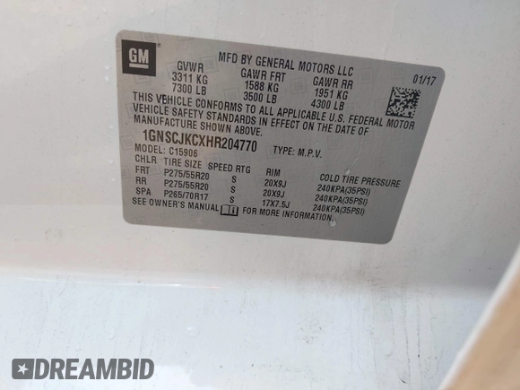 2017 Chevrolet Suburban Premier z VIN 1GNSCJKCXHR204770, wystawiony jako IAAI lot #42262898 z przebiegiem 166 304 mil mil oraz . Historia ofert i sprzedaży dostępna na DreamBid. Obrazek 9.