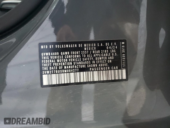 2024 Volkswagen Jetta GLI Autobahn with VIN 3VW2T7BUXRM084277, listed as a Copart auction lot 50984835 with 17,321 mi miles and Salvage Title. Bid and sale history available at DreamBid. Image 14.