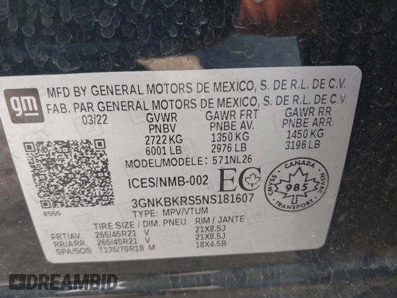 2022 Chevrolet Blazer RS с VIN 3GNKBKRS5NS181607, выставлен на аукционе IAAI как лот 42323855 с пробегом 55 713 миль миль и . История ставок и продаж доступна на DreamBid. Изображение 9.
