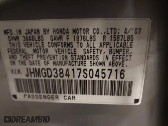 2007 Honda Fit with VIN JHMGD38417S045716, listed as a IAAI auction lot 42340897 with 63,765 mi miles and . Bid and sale history available at DreamBid. Image 9.