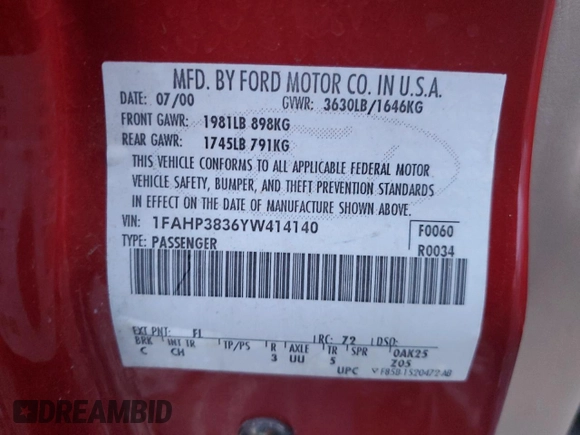 2000 Ford Focus ZTS with VIN 1FAHP3836YW414140, listed as a Copart auction lot 87208414 with 231,602 mi miles and Salvage Title. Bid and sale history available at carsss.com. Image 14.