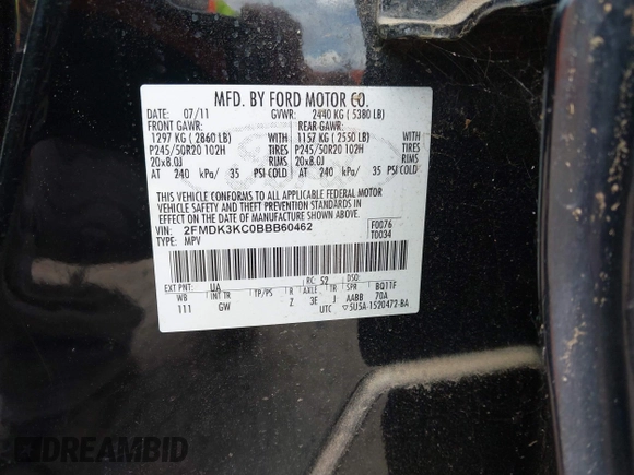 2011 Ford Edge Limited with VIN 2FMDK3KC0BBB60462, listed as a IAAI auction lot 42619122 with 173,391 mi miles and . Bid and sale history available at DreamBid. Image 9.