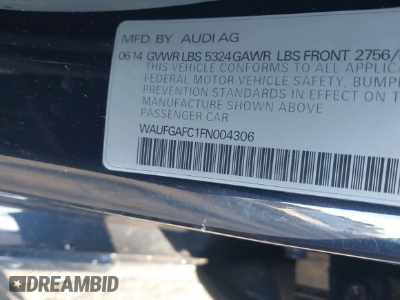 2015 Audi A6 Premium Plus with VIN WAUFGAFC1FN004306, listed as a IAAI auction lot 41244953 with Not provided miles and . Bid and sale history available at DreamBid. Image 9.
