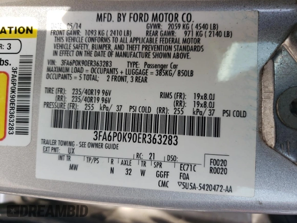 2014 Ford Fusion Titanium с VIN 3FA6P0K90ER363283, выставлен на аукционе Copart как лот 55156795 с пробегом 54 099 миль миль и Списание • Salvage title. История ставок и продаж доступна на DreamBid. Изображение 12.