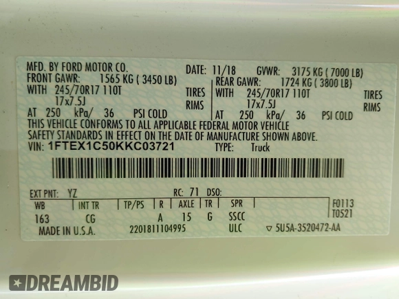 2019 Ford F-150 XL с VIN 1FTEX1C50KKC03721, выставлен на аукционе IAAI как лот 42449106 с пробегом 117 282 миль миль и . История ставок и продаж доступна на DreamBid. Изображение 9.