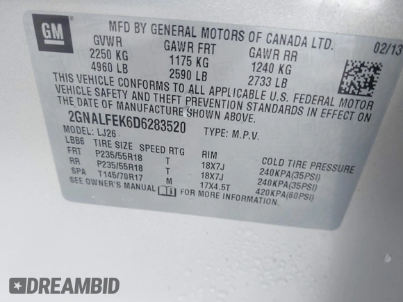 2013 Chevrolet Equinox LTZ with VIN 2GNALFEK6D6283520, listed as a IAAI auction lot 41781484 with 203,502 mi miles. Bid and sale history available at carsss.com. Image 9.