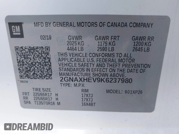 2019 Chevrolet Equinox LS z VIN 2GNAXHEV9K6237980, wystawiony jako IAAI lot #41265515 z przebiegiem 84 437 mil mil oraz . Historia ofert i sprzedaży dostępna na DreamBid. Obrazek 9.