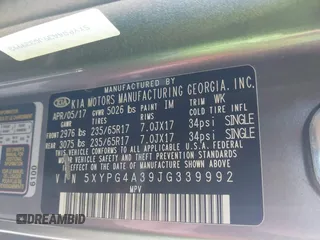 2018 Kia Sorento L z VIN 5XYPG4A39JG339992, wystawiony jako IAAI lot #41862512 z przebiegiem 119 430 mil mil oraz . Historia ofert i sprzedaży dostępna na DreamBid. Obrazek 9.