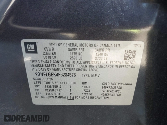 2015 Chevrolet Equinox LT with VIN 2GNFLGEK4F6234573, listed as a IAAI auction lot 41895032 with 193,585 mi miles. Bid and sale history available at carsss.com. Image 9.