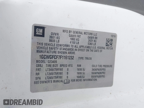 2015 Chevrolet Express Cargo with VIN 1GCWGFCF7F1161232, listed as a IAAI auction lot 42449156 with 168,895 mi miles and . Bid and sale history available at DreamBid. Image 9.