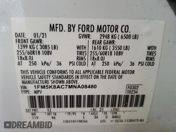 2021 Ford Explorer z VIN 1FM5K8AC7MNA08480, wystawiony jako Copart lot #77784154 z przebiegiem Nie podano mil oraz Szkoda całkowita • Salvage title. Historia ofert i sprzedaży dostępna na DreamBid. Obrazek 13.