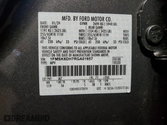 2024 Ford Explorer XLT with VIN 1FMSK8DH7RGA01857, listed as a Copart auction lot 46520615 with 0 mi miles and Salvage Title. Bid and sale history available at carsss.com. Image 14.
