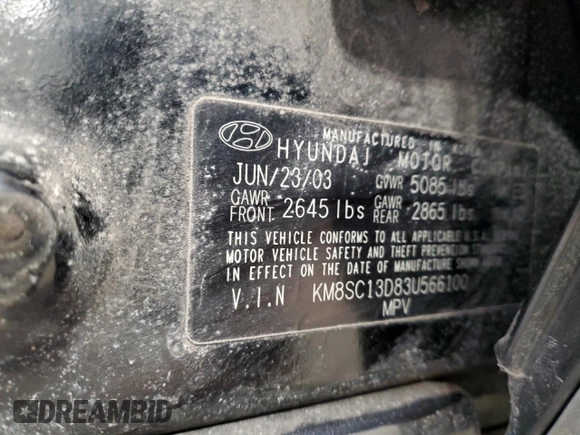 2003 Hyundai Santa Fe GLS with VIN KM8SC13D83U566100, listed as a Copart auction lot 47193955 with 166,060 mi miles and Non Repairable. Bid and sale history available at carsss.com. Image 15.