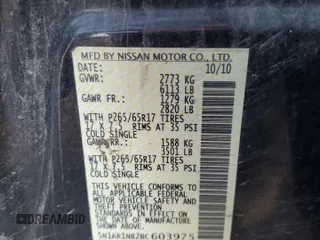 2011 Nissan Pathfinder LE z VIN 5N1AR1NB2BC603975, wystawiony jako Copart lot #84812614 z przebiegiem Nie podano mil oraz Szkoda całkowita • Salvage title. Historia ofert i sprzedaży dostępna na DreamBid. Obrazek 15.