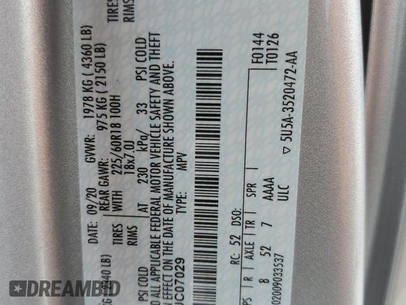 2020 Ford Escape SEL with VIN 1FMCU0H61LUC07029, listed as a Copart auction lot 59141895 with 50,358 mi miles and Salvage title. Bid and sale history available at DreamBid. Image 13.