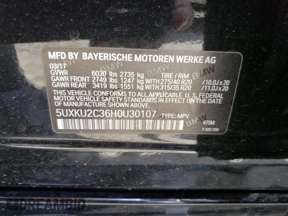 2017 BMW X6 xDrive35i with VIN 5UXKU2C36H0U30107, listed as a Copart auction lot 52102753 with 30,768 mi miles. Bid and sale history available at carsss.com. Image 12.