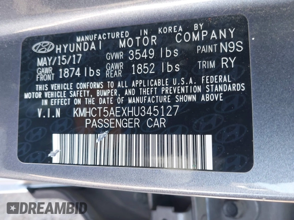 2017 Hyundai Accent SE with VIN KMHCT5AEXHU345127, listed as a IAAI auction lot 41601208 with 155,738 mi miles. Bid and sale history available at carsss.com. Image 9.
