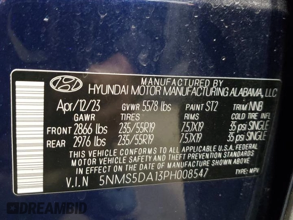 2023 Hyundai Santa Fe Hybrid Limited with VIN 5NMS5DA13PH008547, listed as a Copart auction lot 75651404 with 7,186 mi miles and Salvage Title. Bid and sale history available at carsss.com. Image 14.