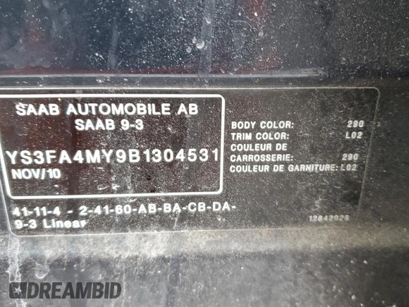 2011 Saab 9-3 z VIN YS3FA4MY9B1304531, wystawiony jako Copart lot #42739855 z przebiegiem 190 530 mil mil oraz Czysty tytuł • Clean title. Historia ofert i sprzedaży dostępna na DreamBid. Obrazek 12.