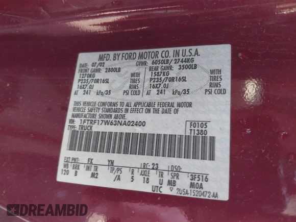 2003 Ford F-150 XL with VIN 1FTRF17W63NA02400, listed as a IAAI auction lot 41752364 with 209,947 mi miles and . Bid and sale history available at DreamBid. Image 9.