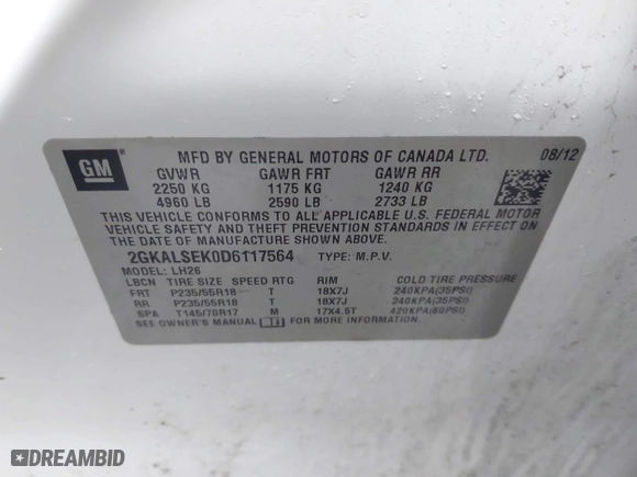 2013 GMC Terrain SLE with VIN 2GKALSEK0D6117564, listed as a IAAI auction lot 41982044 with 261,875 mi miles. Bid and sale history available at carsss.com. Image 9.