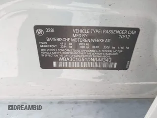 2013 BMW 3 Series 328i with VIN WBA3C1G51DNR44343, listed as a IAAI auction lot 42160138 with 72,686 mi miles. Bid and sale history available at carsss.com. Image 9.