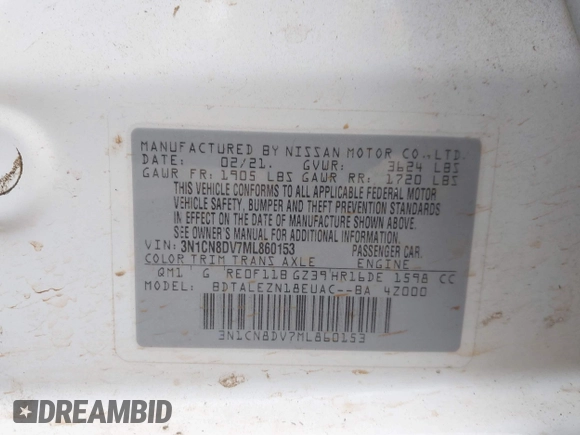 2021 Nissan Versa S with VIN 3N1CN8DV7ML860153, listed as a IAAI auction lot 42012994 with Not provided miles and . Bid and sale history available at DreamBid. Image 9.