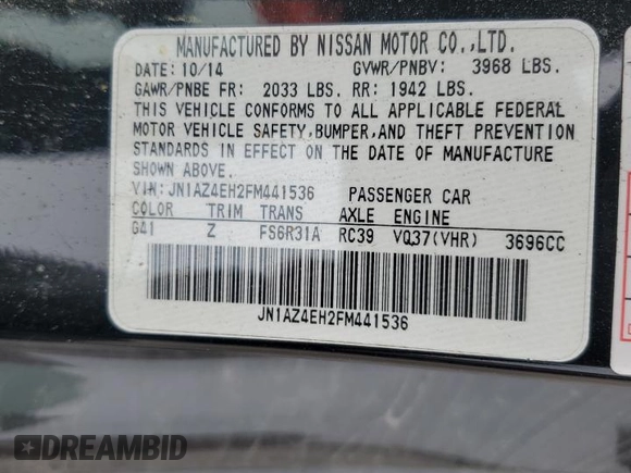 2015 Nissan 370Z с VIN JN1AZ4EH2FM441536, выставлен на аукционе Copart как лот 53433965 с пробегом Не указан миль и Списание • Salvage title. История ставок и продаж доступна на DreamBid. Изображение 13.