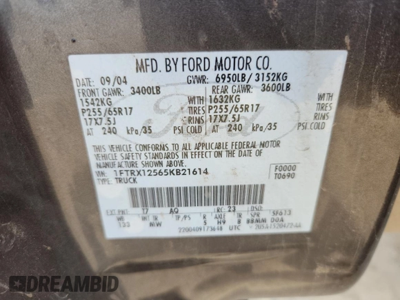 2005 Ford F-150 XLT with VIN 1FTRX12565KB21614, listed as a Copart auction lot 61488075 with 202,747 mi miles and Salvage title. Bid and sale history available at DreamBid. Image 12.