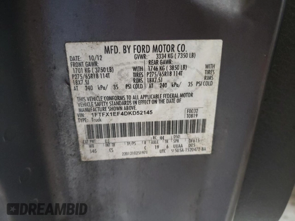 2013 Ford F-150 XL z VIN 1FTFX1EF4DKD52145, wystawiony jako Copart lot #58738525 z przebiegiem 209 330 mil mil oraz Czysty tytuł • Clean title. Historia ofert i sprzedaży dostępna na DreamBid. Obrazek 12.
