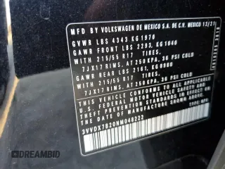 2022 Volkswagen Taos S z VIN 3VVDX7B20NM048222, wystawiony jako Copart lot #76062404 z przebiegiem 16 592 mil mil oraz Szkody całkowita. Historia ofert i sprzedaży dostępna na DreamBid. Obrazek 12.