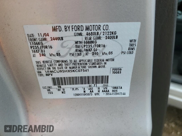 2005 Ford Escape Hybrid with VIN 1FMCU95HX5KC07541, listed as a Copart auction lot 84209534 with 187,074 mi miles and Clean title. Bid and sale history available at DreamBid. Image 12.